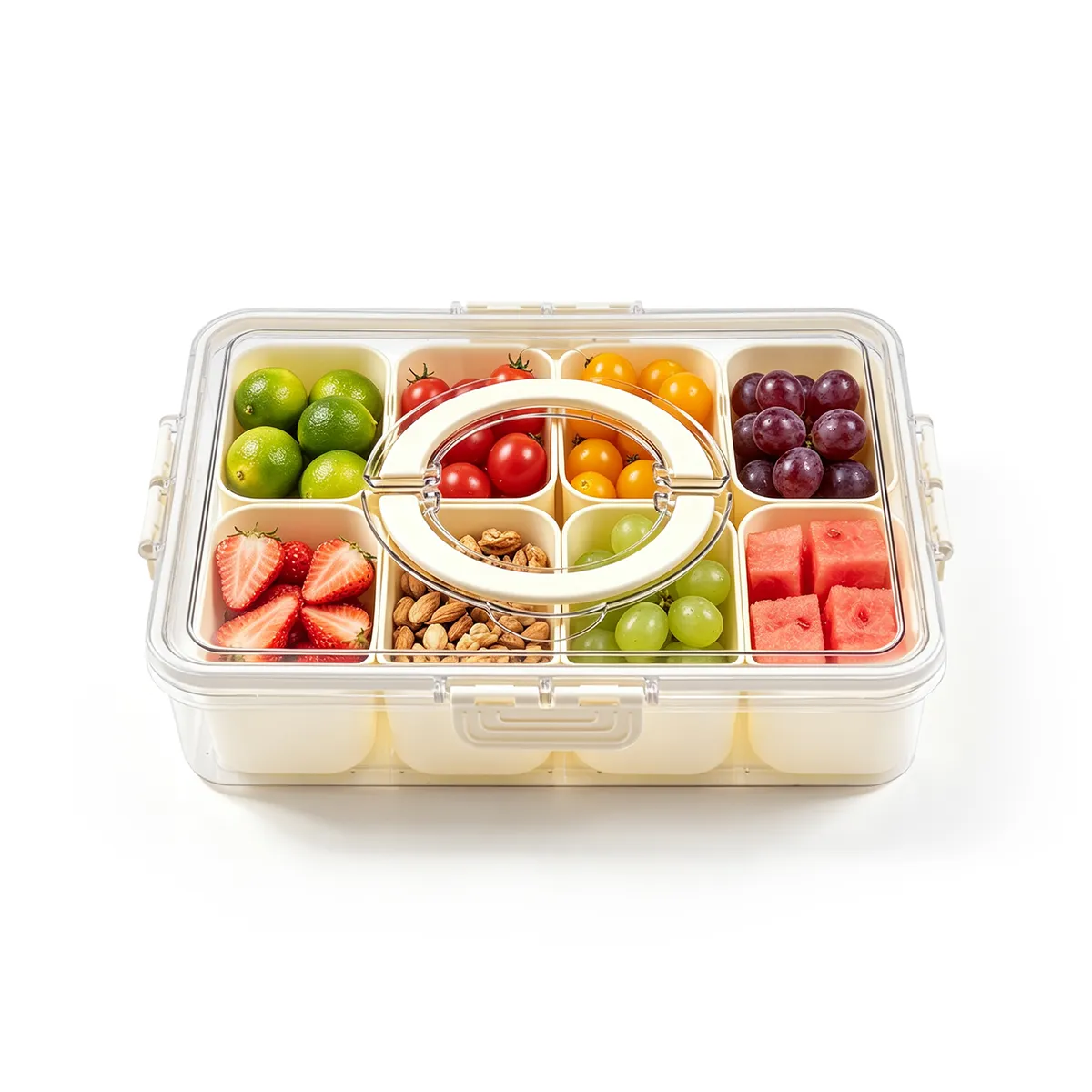 Snackle Box with fruit and nuts in its 8 compartments