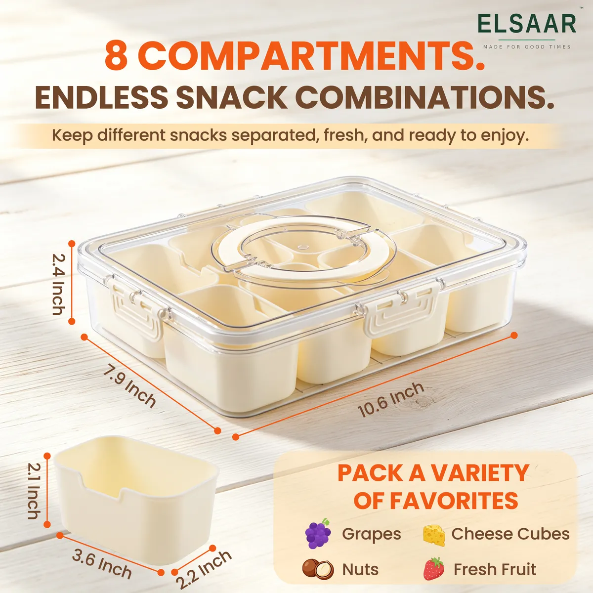 Snackle Box dimensions: 10.6 × 7.9 × 2.4 in; each compartment 3.6 × 2.2 × 2.1 in