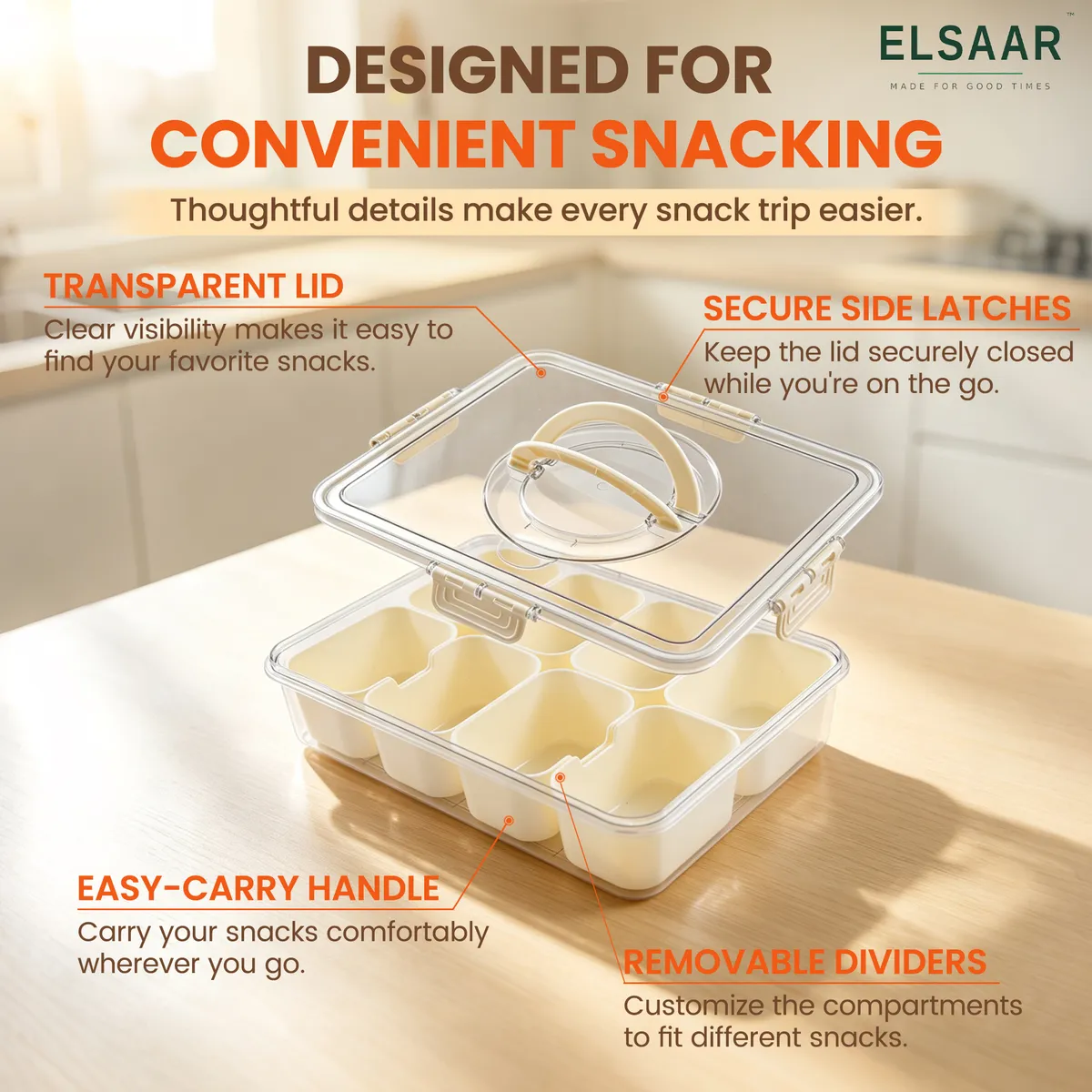 Snackle Box details: transparent lid, secure side latches, carry handle, removable dividers